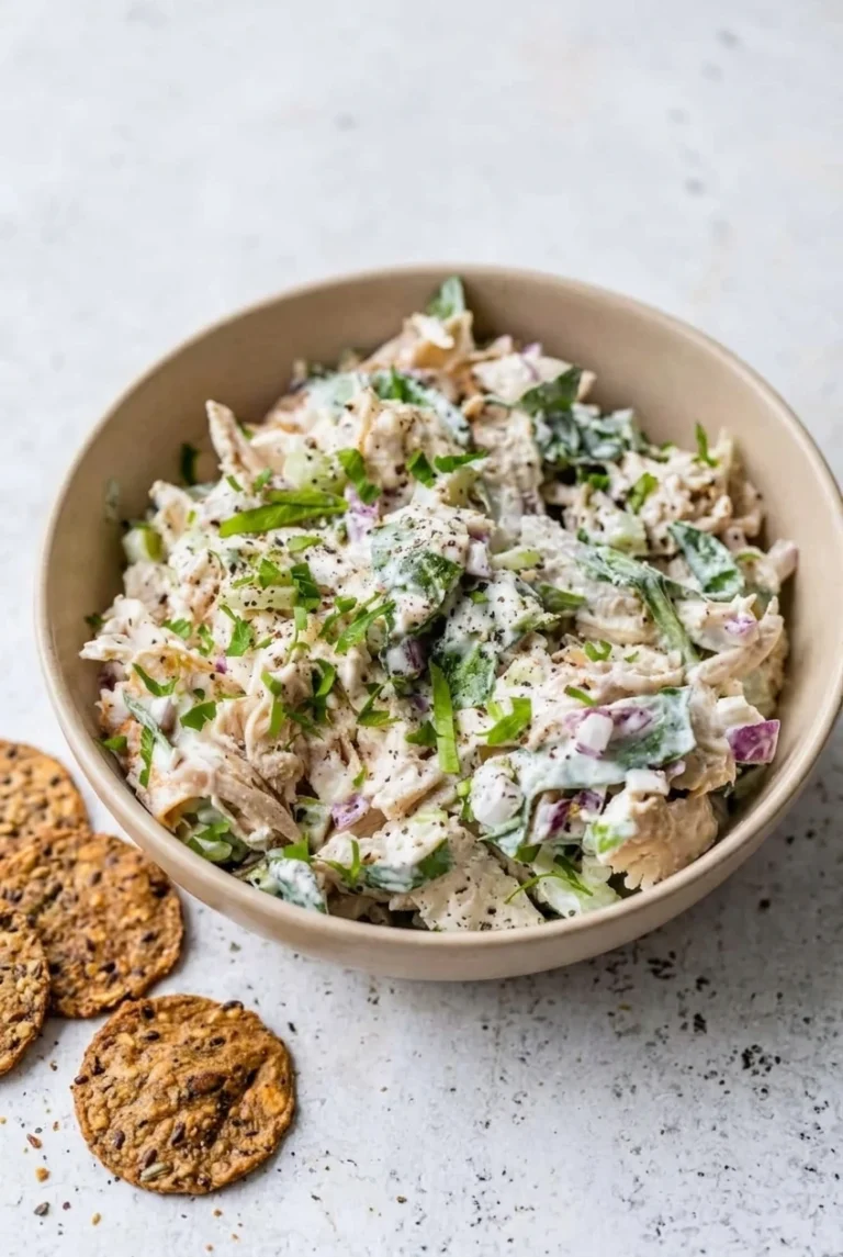 Creamy rotisserie chicken salad with spinach, celery, red onion, parsley, and seeded crackers in a ceramic bowl