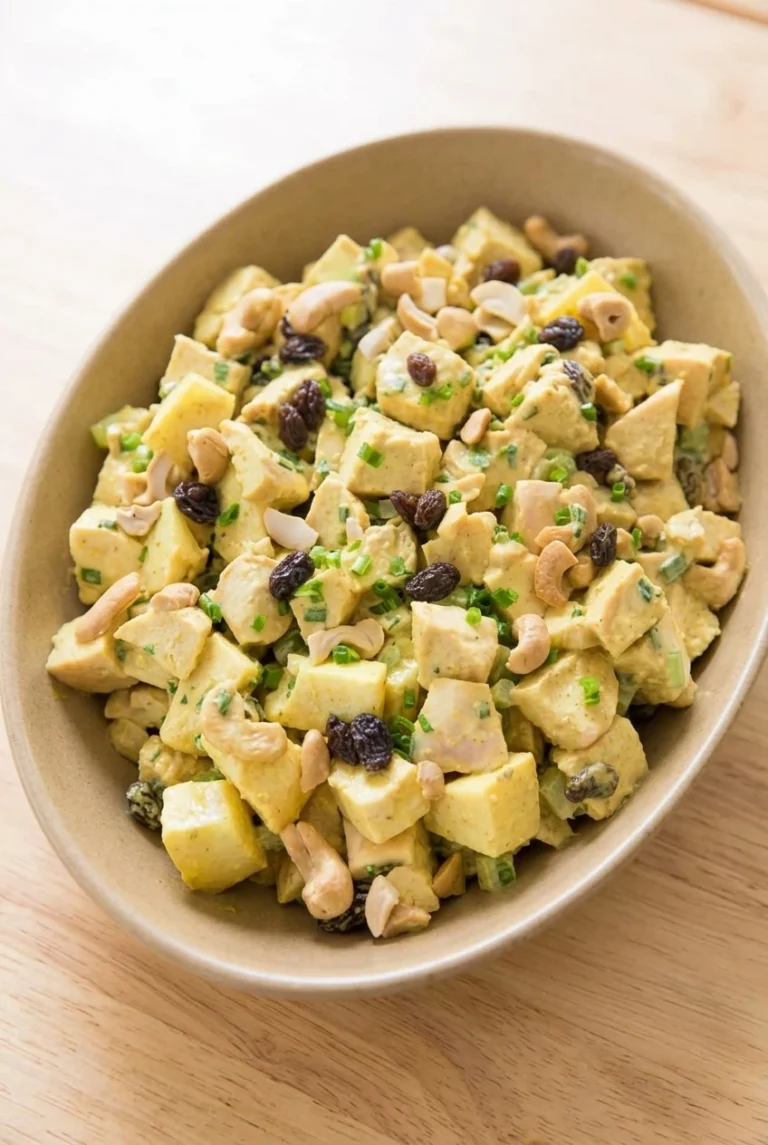 Chunky curry chicken salad with raisins, cashews, celery, and chives in a shallow serving bowl.