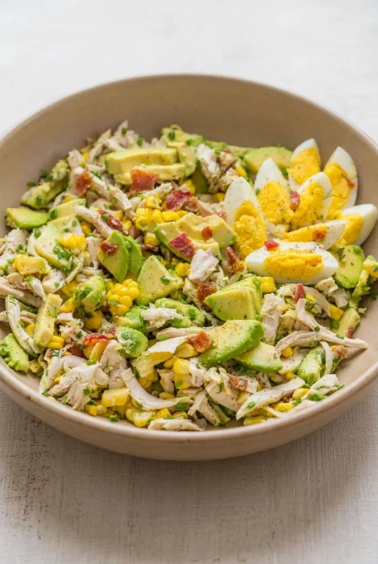 Chunky avocado chicken salad with corn, bacon, chives, and egg wedges grouped along one side of the bowl.