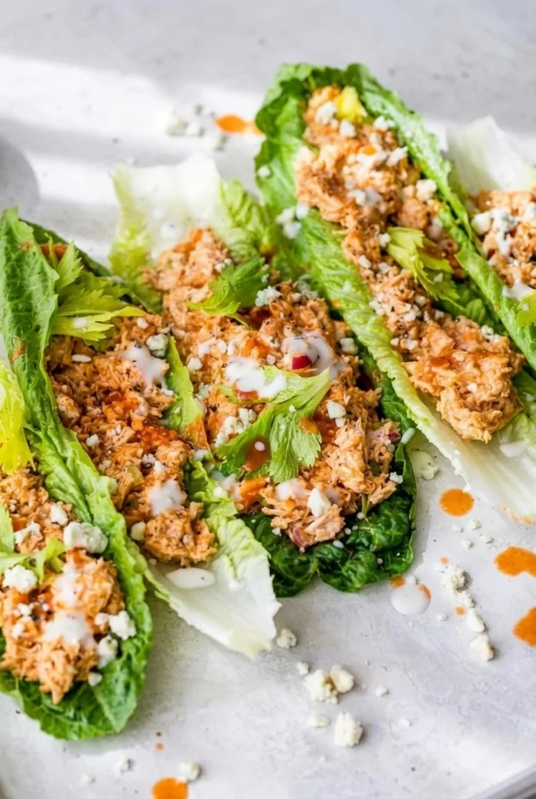 Buffalo chicken salad in romaine boats with ranch drizzle, blue cheese crumbles, and celery leaves.