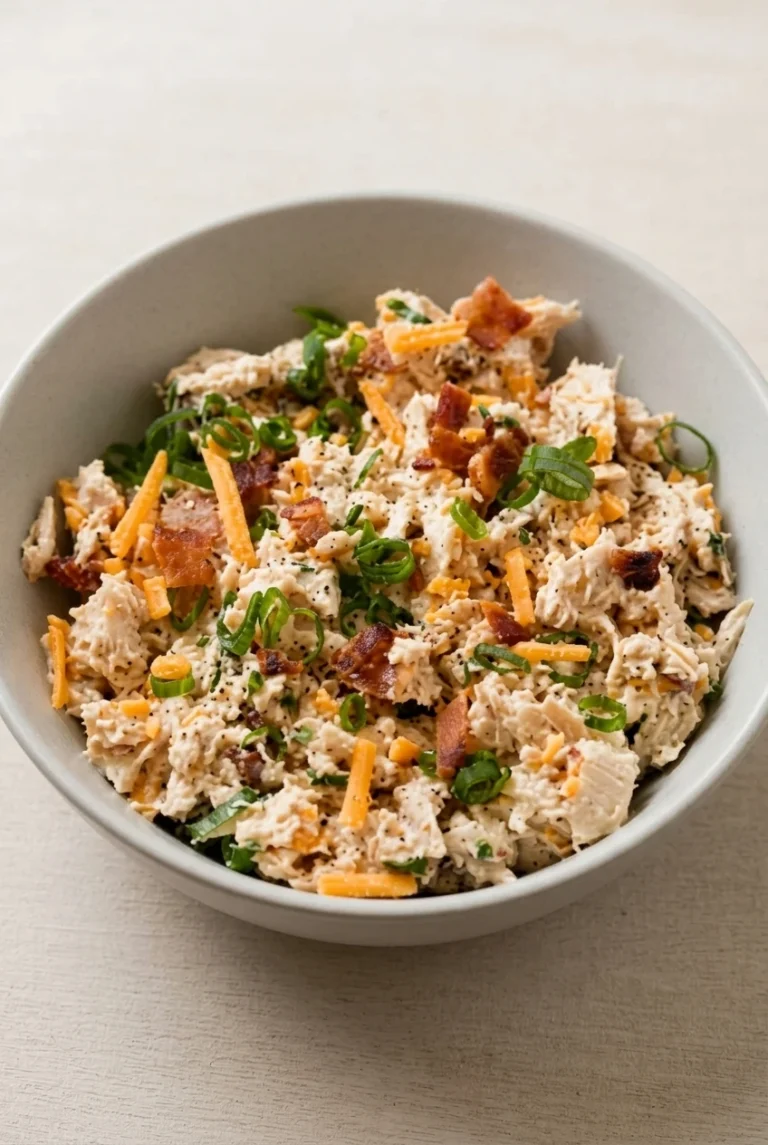 Bacon ranch chicken salad in a pale ceramic bowl with creamy chicken, bacon, cheddar, and green onion.