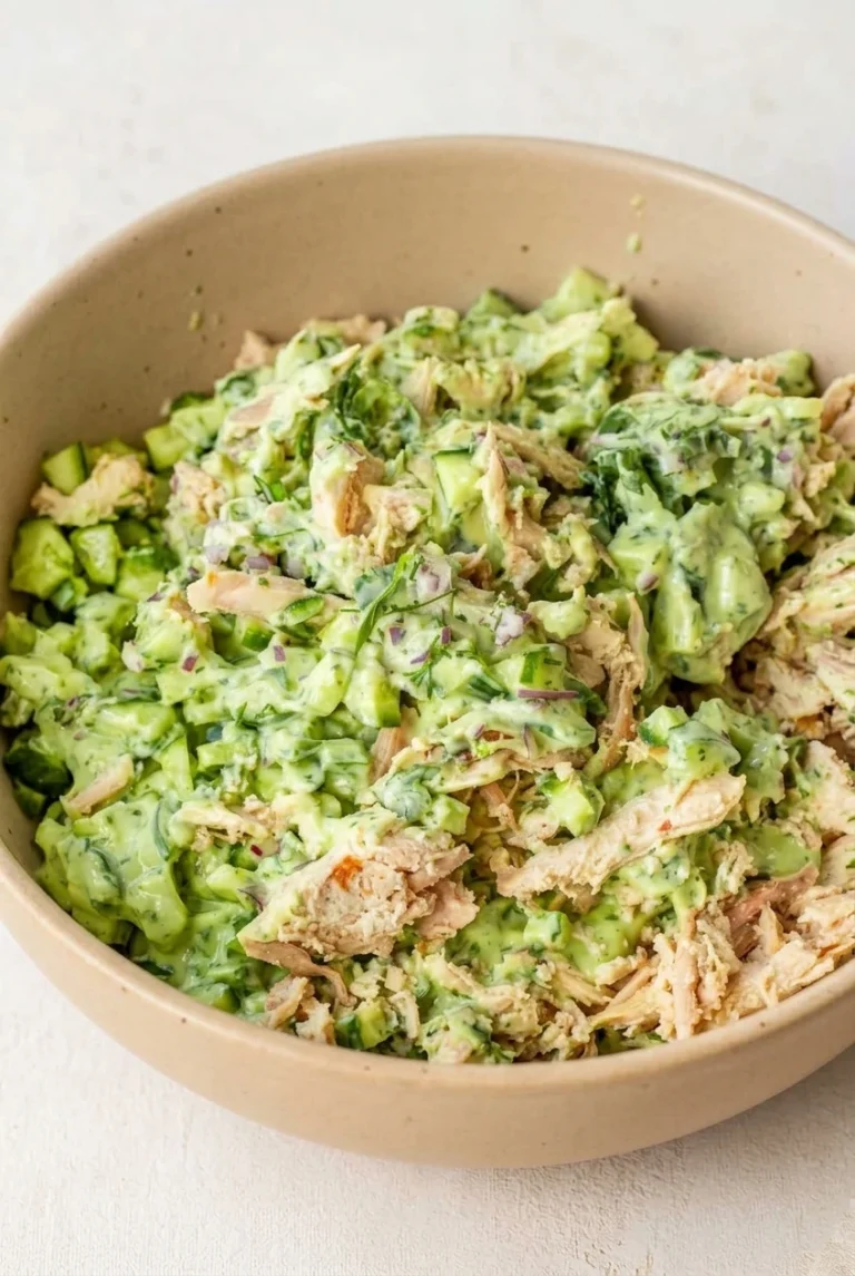 Green Goddess Chicken Salad with shredded chicken, cucumber, and red onion coated in creamy herb dressing