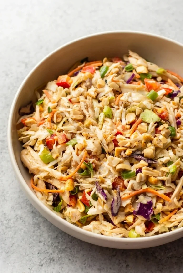 Thai peanut chicken salad tossed with cabbage, carrots, peppers and chopped peanuts in a light ceramic bowl