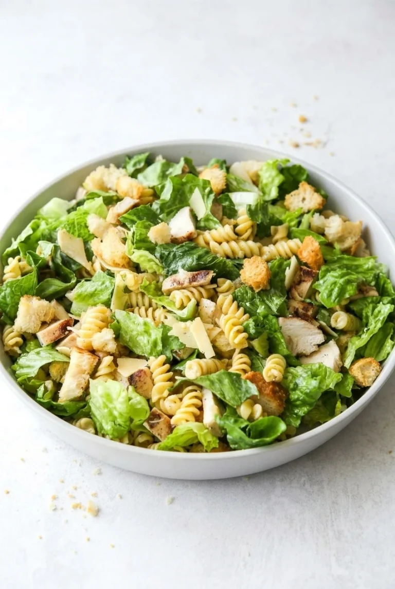 Chicken Caesar pasta salad tossed with rotini, romaine, seared chicken, croutons, and Parmesan in a wide bowl