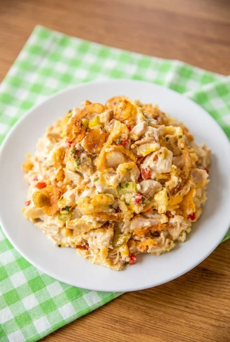 Hot chicken salad casserole served as a creamy, chunky scoop with almonds and golden crunchy topping on a white plate