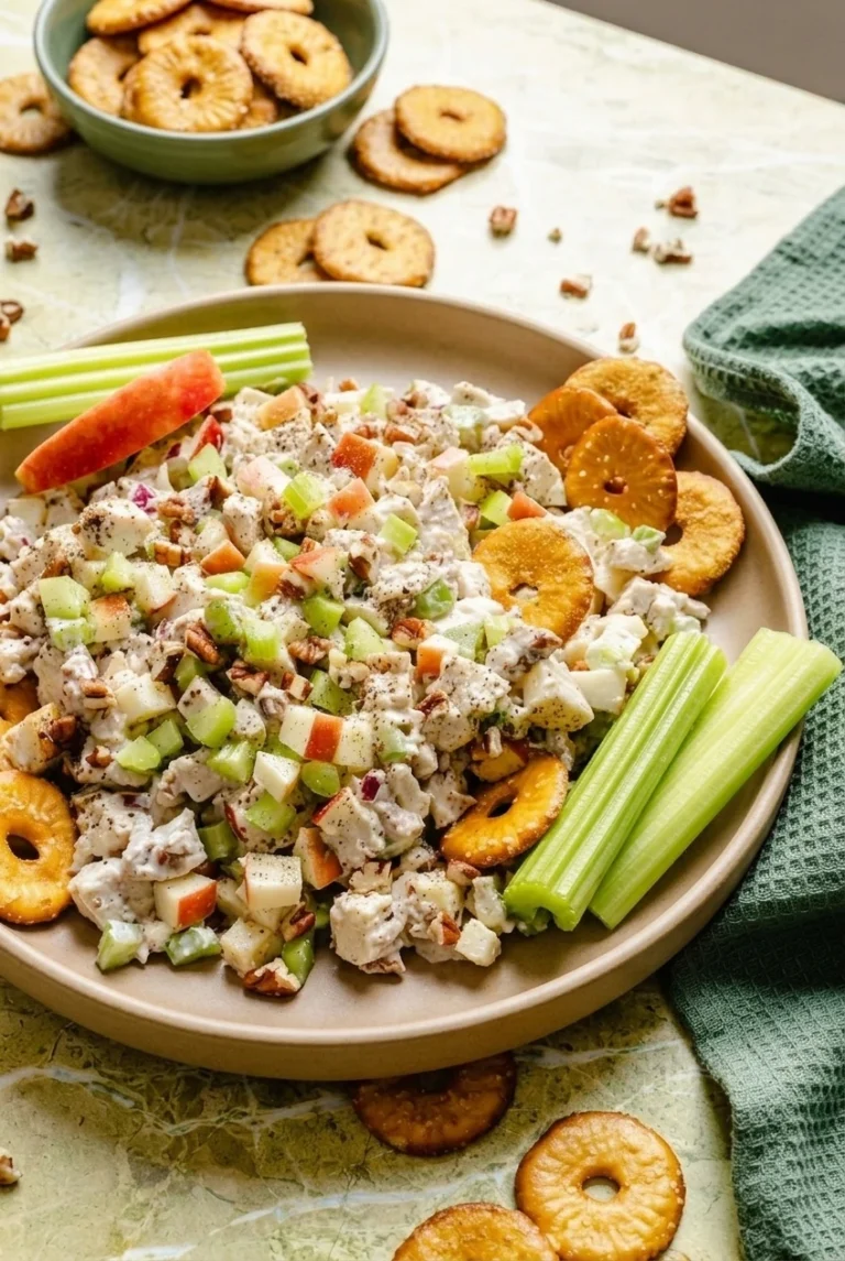 Honey mustard chicken salad with apple, celery, and pecans on a pale platter with crackers and celery sticks