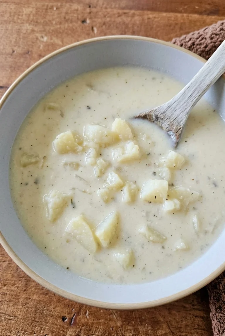 Classic Old-Fashioned Potato Soup (No Flour) A bowl of old-fashioned potato soup with tender chunks in creamy milk broth and black pepper.