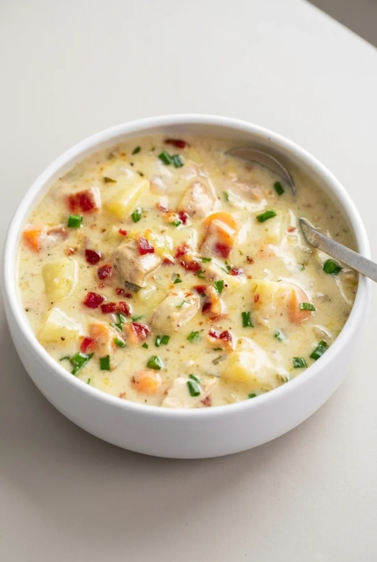 Creamy Chicken and Potato Soup Creamy chicken and potato soup with carrots, bacon, and green onion in a white bowl.