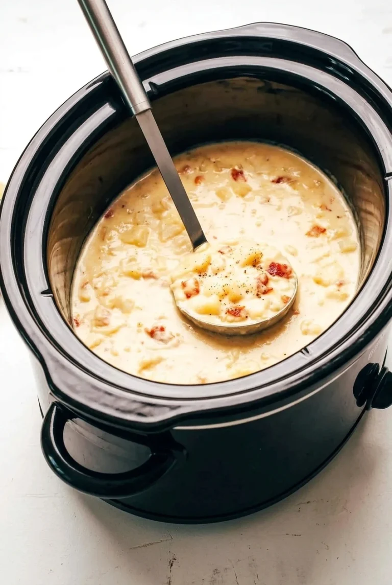 Slow Cooker Creamy Potato Soup with Bacon Slow Cooker Creamy Potato Soup with tender potato chunks and bacon in a black slow cooker, with a ladle showing a peppered spoonful.