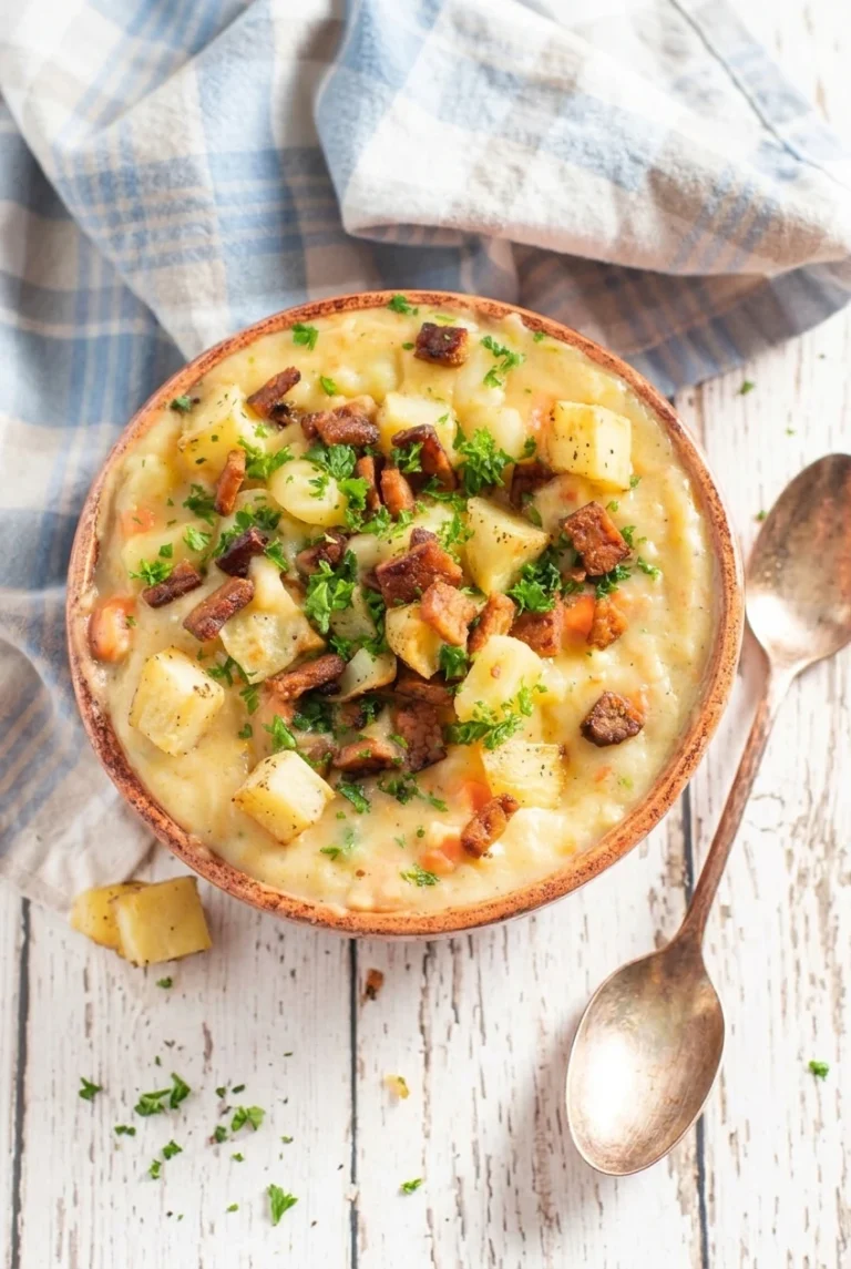 Vegan Creamy Potato Soup with Crispy Vegan Bacon A rustic bowl of creamy vegan potato soup with potato cubes, carrots, vegan bacon, and parsley