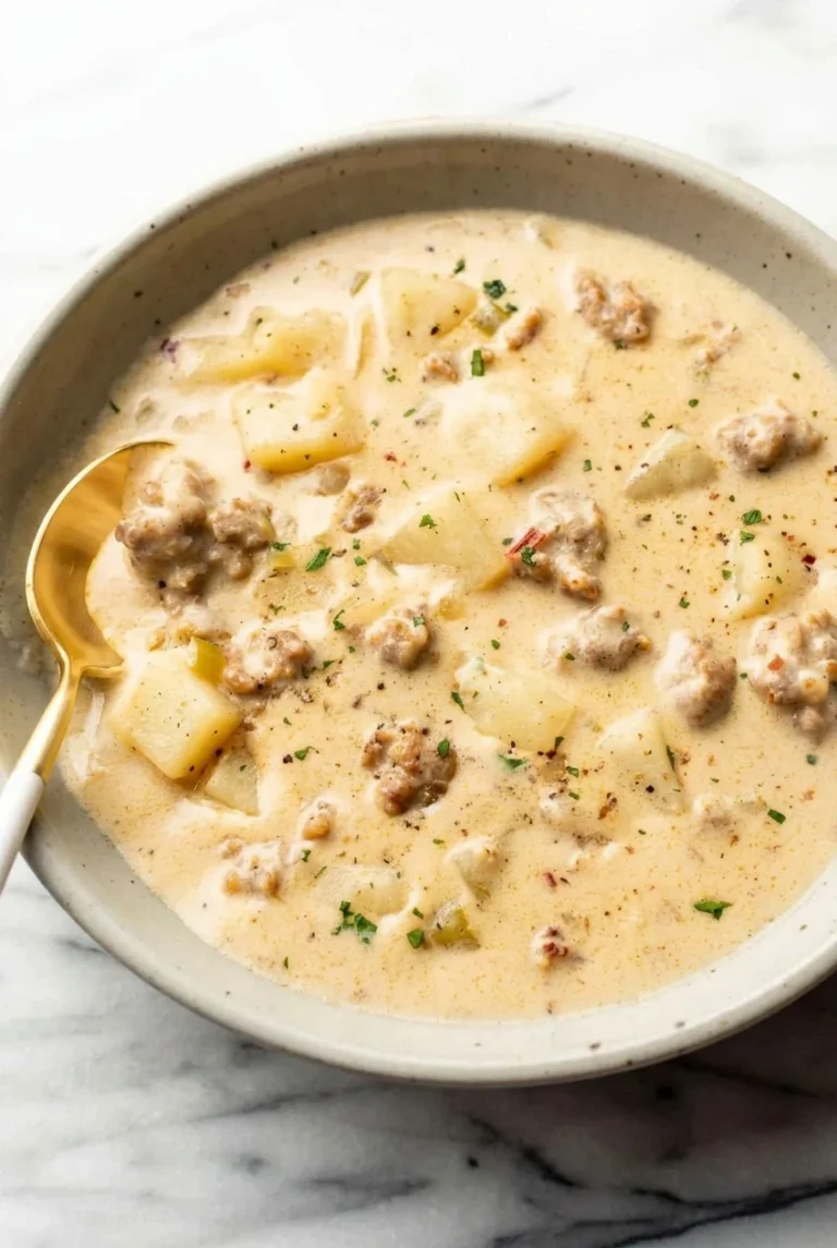 Creamy Sausage and Potato Soup Creamy sausage and potato soup with distinct potato chunks and browned sausage in a speckled bowl