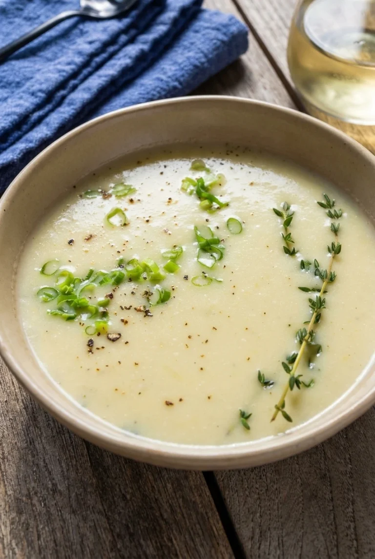 Creamy Potato Leek Soup with Thyme and Green Onion Creamy potato leek soup in a shallow beige bowl, topped with green onion, thyme, and cracked pepper