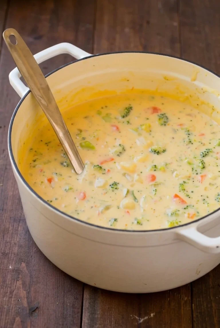 Broccoli Cheddar Potato Soup (One-Pot Recipe) Broccoli cheddar potato soup with visible broccoli, potato, and carrot in a light-colored Dutch oven