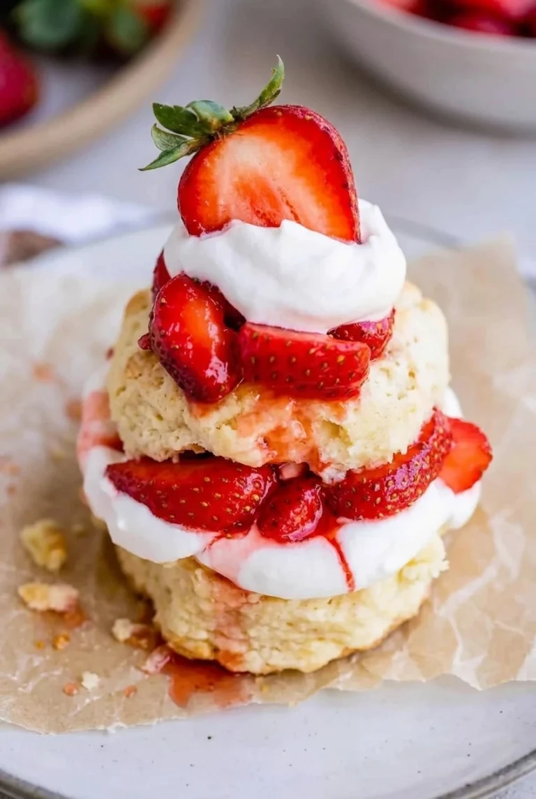 Classic Strawberry Shortcake with Buttermilk Biscuits Classic strawberry shortcake stacked with golden buttermilk biscuits, glossy strawberries, and whipped cream