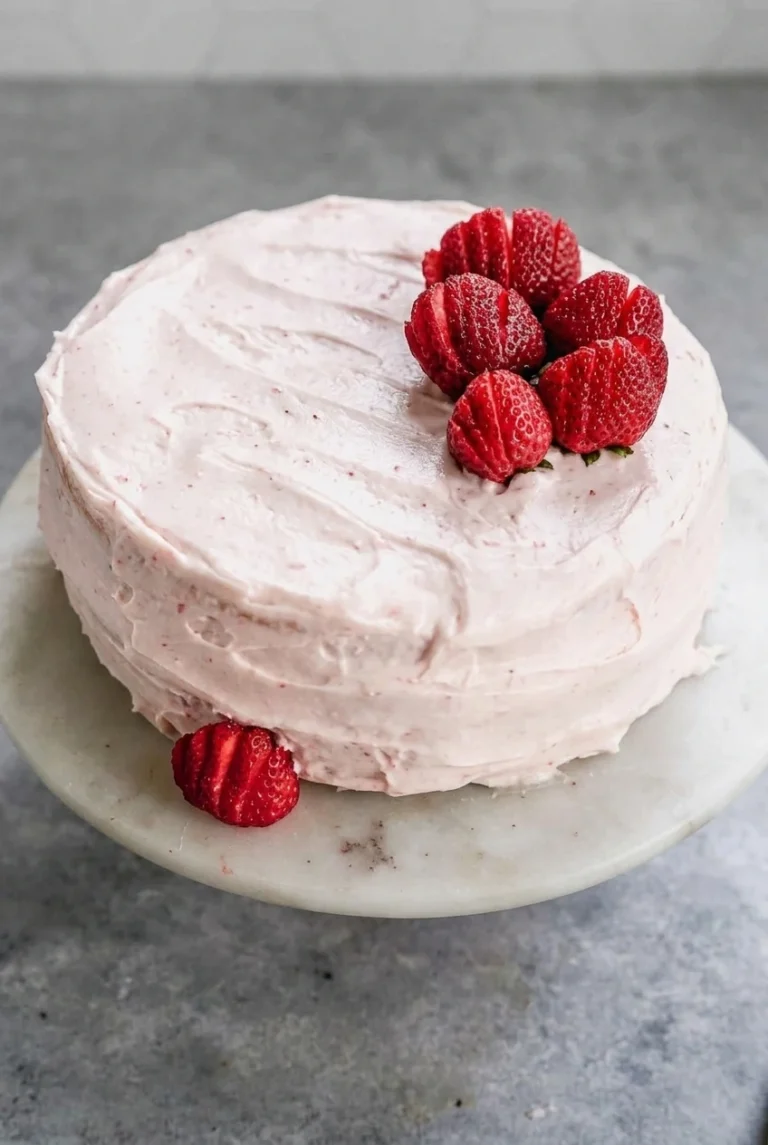 Fresh Strawberry Cake with Cream Cheese Frosting Whole two-layer fresh strawberry cake with pale pink frosting and fresh berries on a pedestal stand.