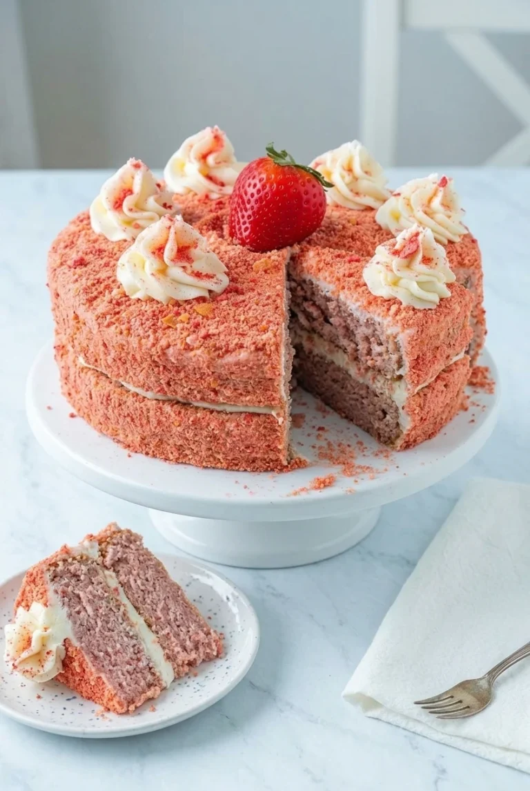 Strawberry Crunch Cake with Vanilla Buttercream Strawberry crunch cake with pink crumb coating, buttercream rosettes, a fresh strawberry, and a slice showing its layers