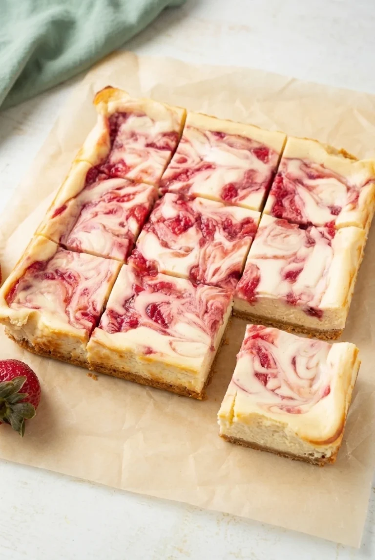 Baked Strawberry Cheesecake Bars Baked strawberry cheesecake bars cut into squares, with red swirls and a thin golden crust.