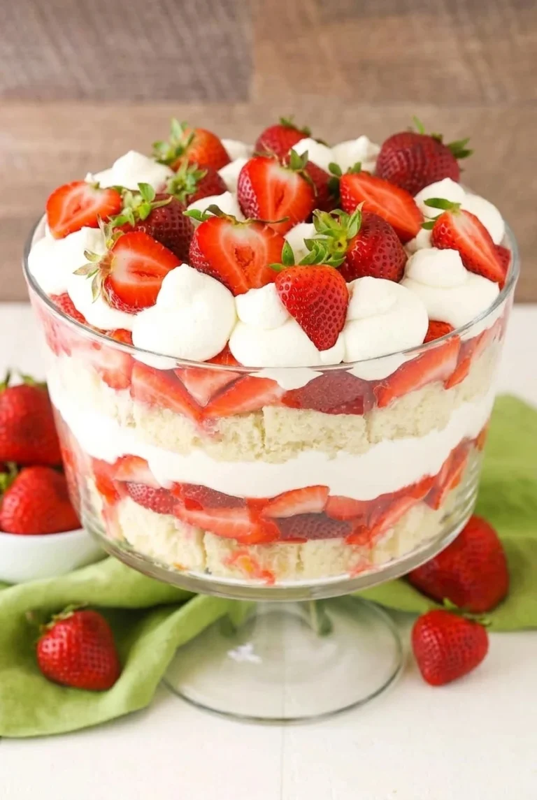 Strawberry Shortcake Trifle with Fresh Berries Strawberry shortcake trifle layered with vanilla cake cubes, fresh strawberries, and whipped cream in a glass pedestal bowl.