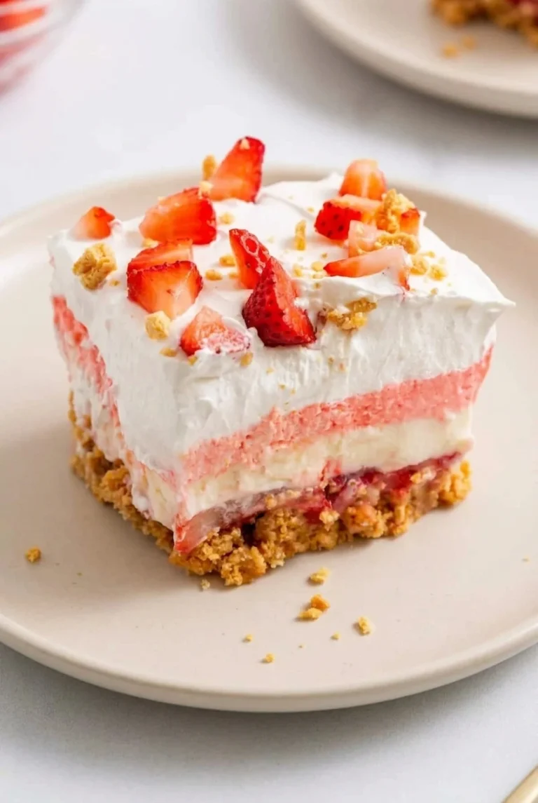 No-Bake Strawberry Delight square with graham crust, distinct strawberry and cream layers, whipped topping, and fresh berries.