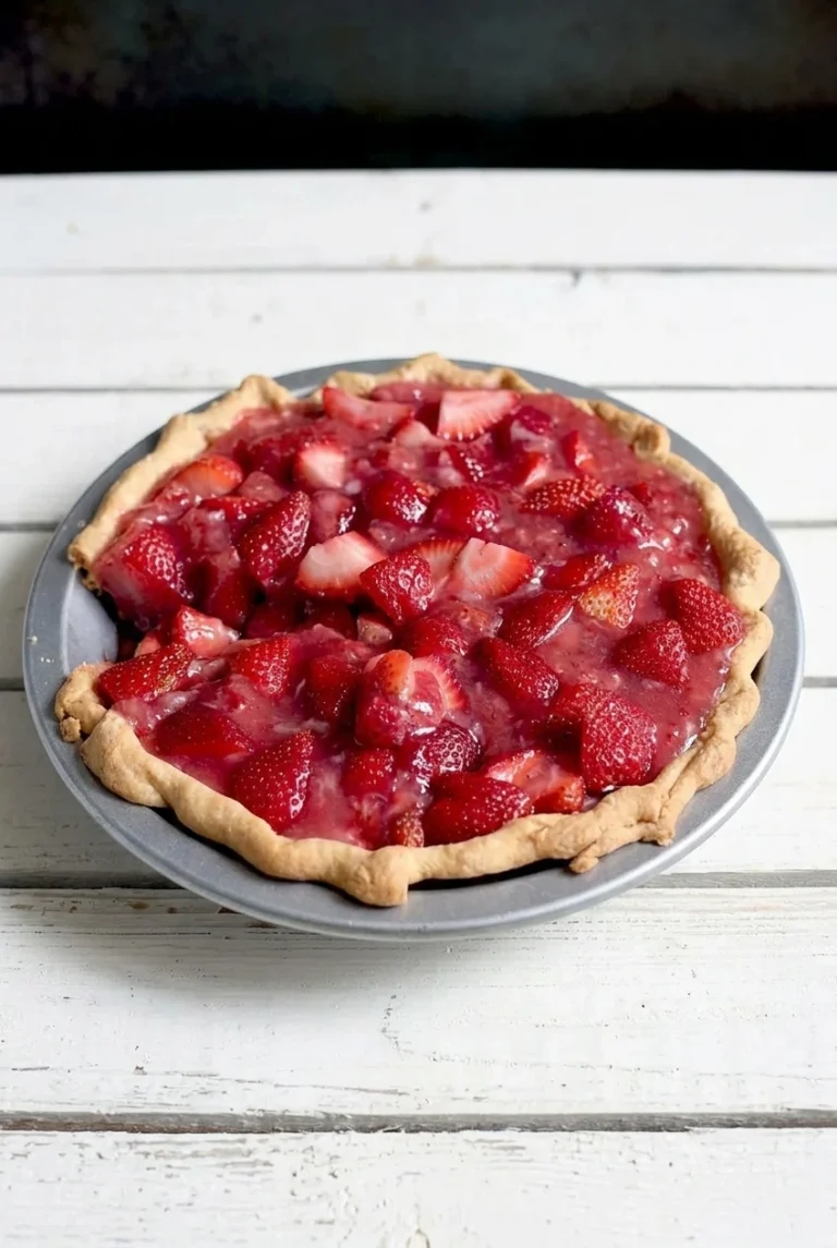 Fresh Strawberry Pie with Glossy Berry Glaze Whole fresh strawberry pie with glossy red berries in a golden crimped pastry crust