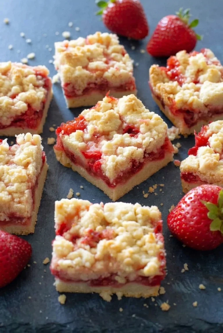Strawberry Crumble Bars with a Jammy Berry Center Thick strawberry crumble bars with red fruit layers and chunky golden topping on dark slate.