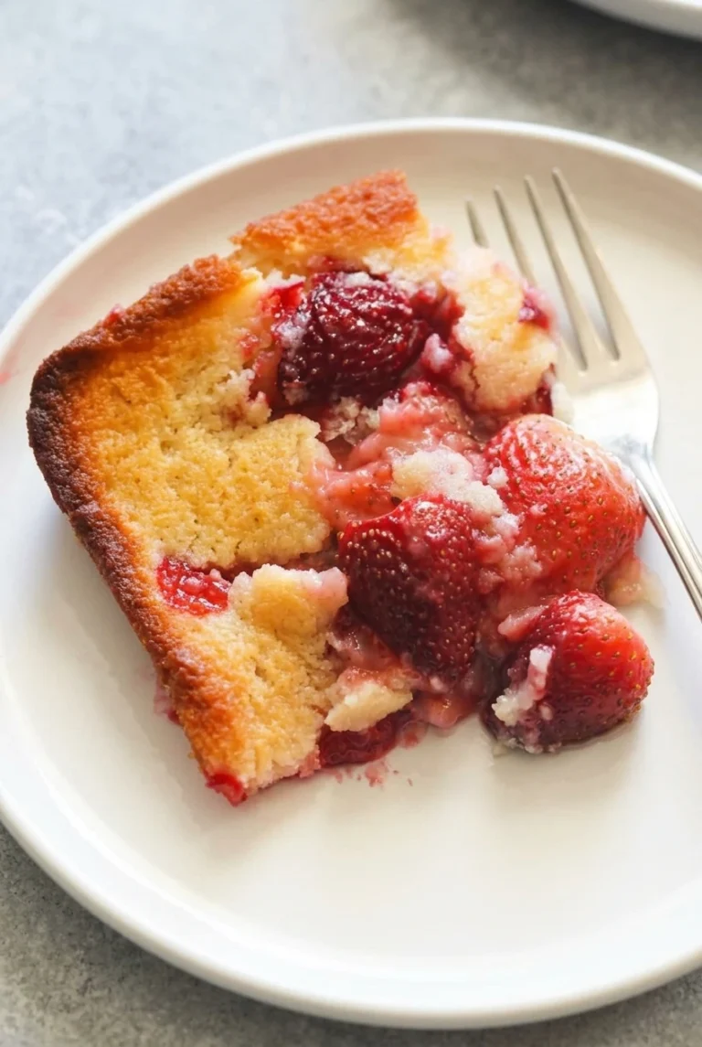Strawberry Cobbler with Golden Cake-Style Topping A golden cake-style strawberry cobbler wedge with large berries and glossy juices on a white plate.