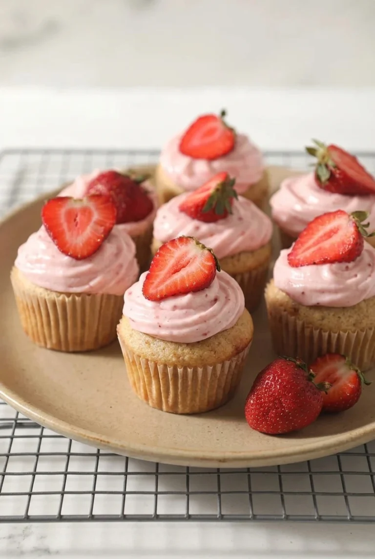 Strawberry Cupcakes with Cream Cheese Frosting Golden strawberry cupcakes with pink cream cheese frosting and fresh strawberry halves on a cream plate.