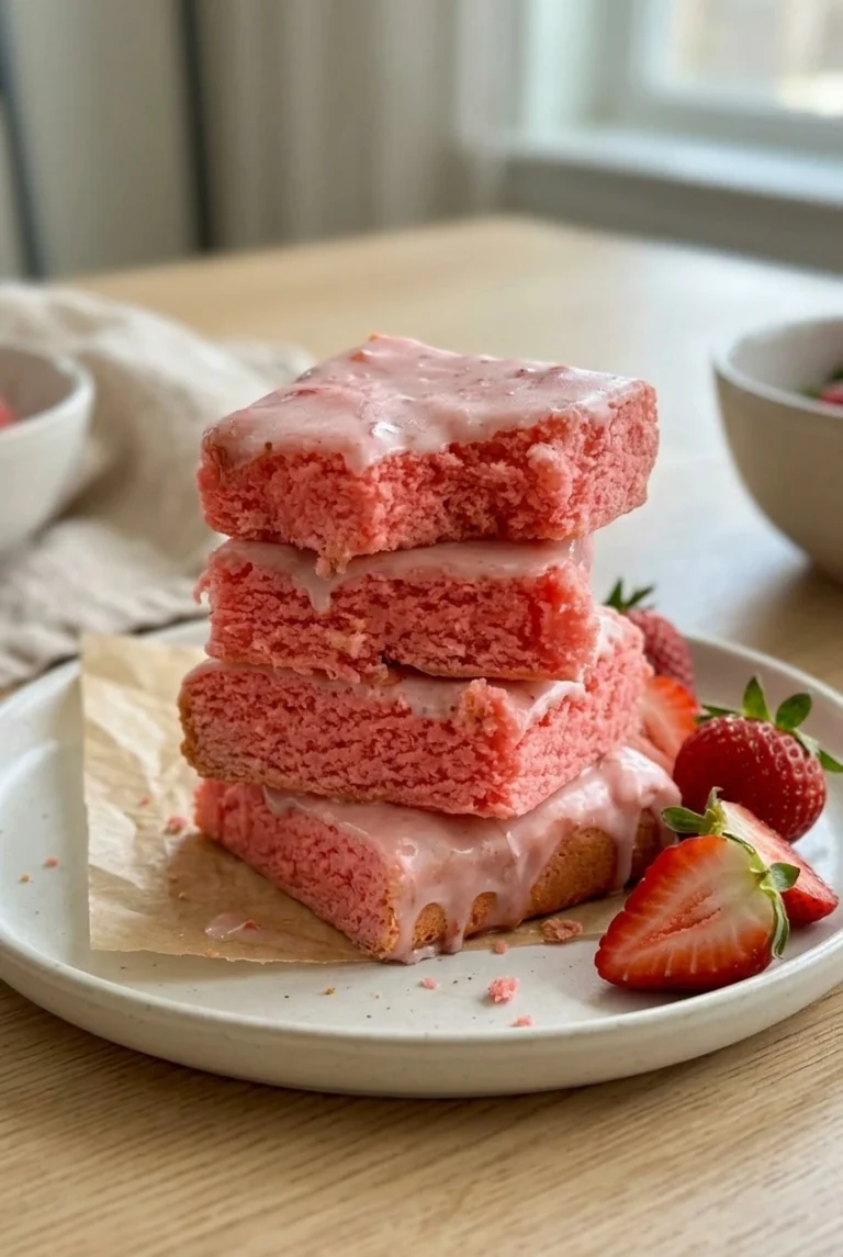 Easy Strawberry Brownies with Strawberry Glaze A stack of thick strawberry brownies with pale pink glaze and vivid pink crumb on a light plate.