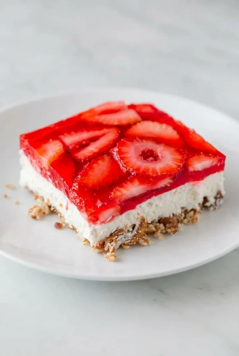 Strawberry Pretzel Salad: Classic Three-Layer Dessert A square of strawberry pretzel salad on a white plate, showing its pretzel crust, creamy middle, and strawberry gelatin layers.