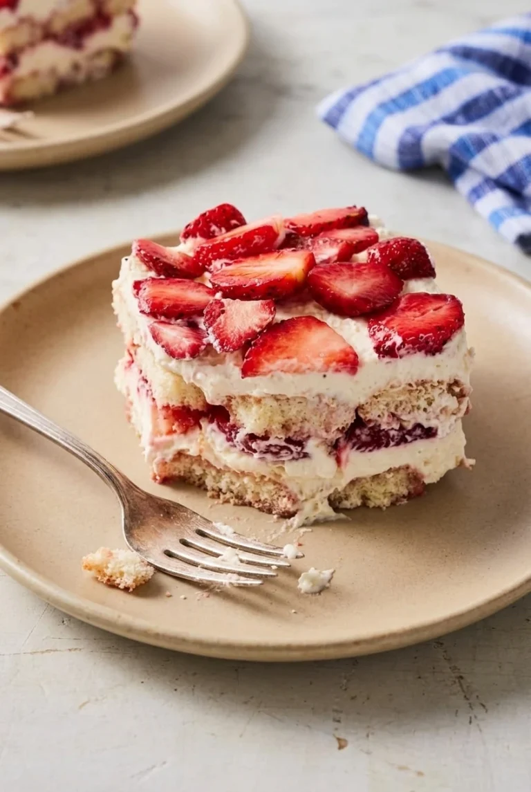 Square of strawberry tiramisu topped with sliced berries, showing layers of ladyfingers, cream, and strawberry filling.