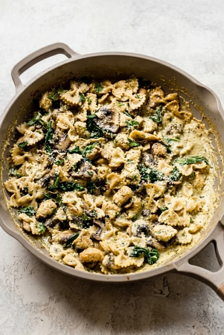 Creamy spinach and mushroom farfalle coated in Parmesan sauce and served in a shallow skillet.