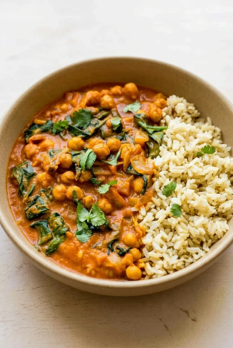 Chickpea and spinach curry with visible chickpeas and cilantro beside a separate mound of rice in a shallow bowl.