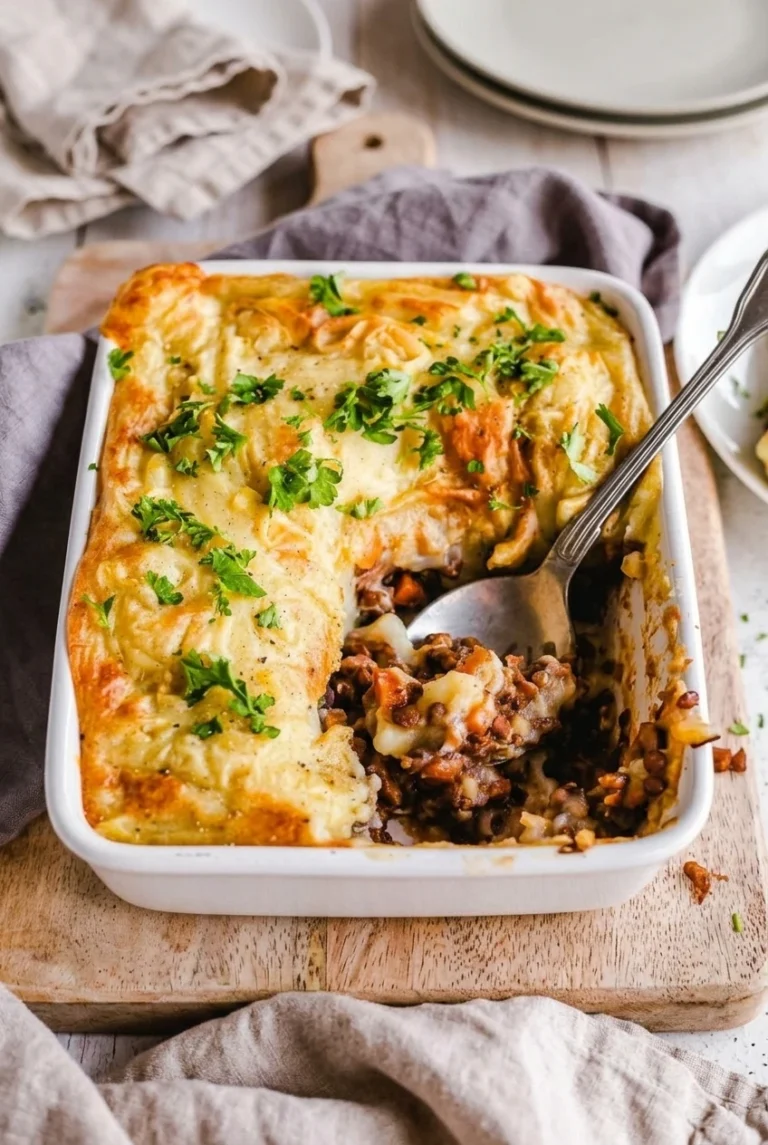 Lentil Shepherd’s Pie with Mashed Potatoes Lentil shepherd's pie in a white casserole dish with golden mashed potatoes, parsley, and a scoop of lentil filling.