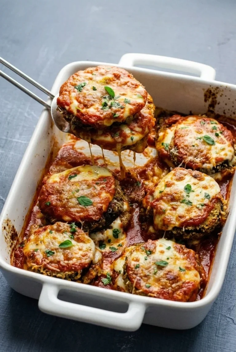 Breaded Eggplant Parmesan rounds layered with marinara and melted cheese, with a serving lifted from the casserole.