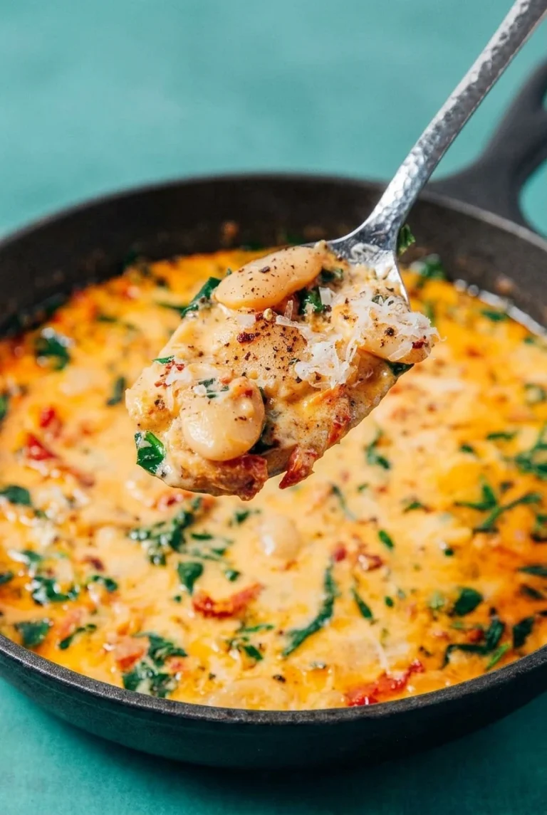 Creamy Tuscan butter beans with spinach and sun-dried tomatoes in a skillet, with a Parmesan-topped spoonful lifted above.