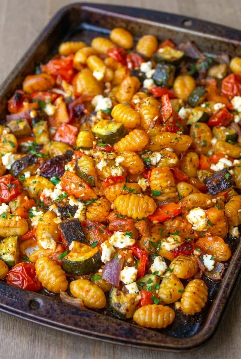 Greek sheet pan gnocchi with roasted vegetables, crumbled feta, and parsley in a dark pan