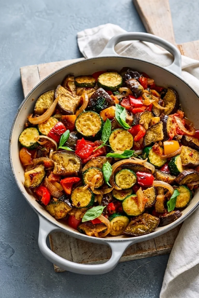 Chunky Stovetop Ratatouille with Fresh Basil Chunky vegetable ratatouille with browned eggplant, zucchini, peppers, tomato, and basil in a handled pan.