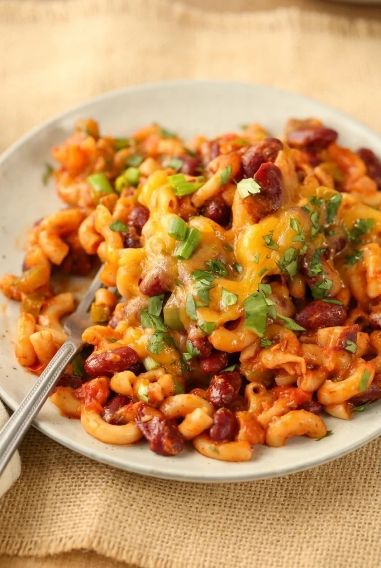 Vegetarian chili mac with elbow macaroni and kidney beans in tomato sauce, topped with melted cheddar and cilantro.