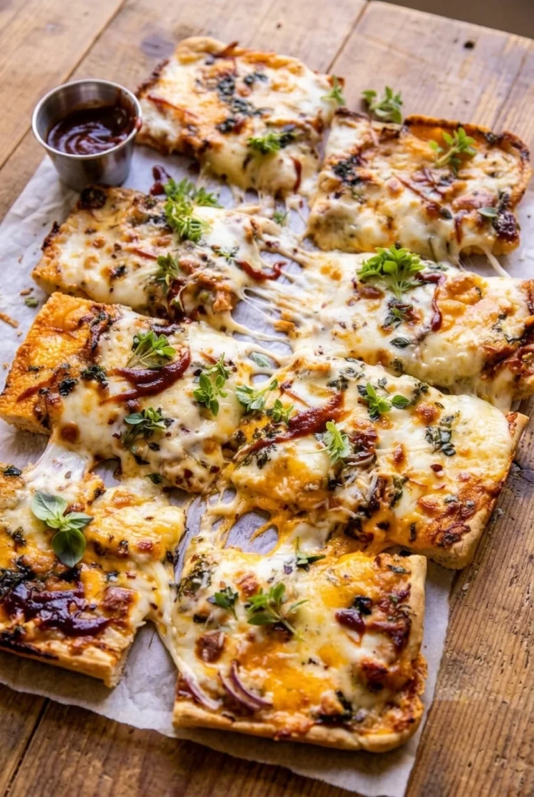 BBQ Chicken Pizza on a Sheet Pan Rectangular BBQ chicken pizza slices with browned cheese, sauced chicken, red onion, barbecue drizzle, and basil