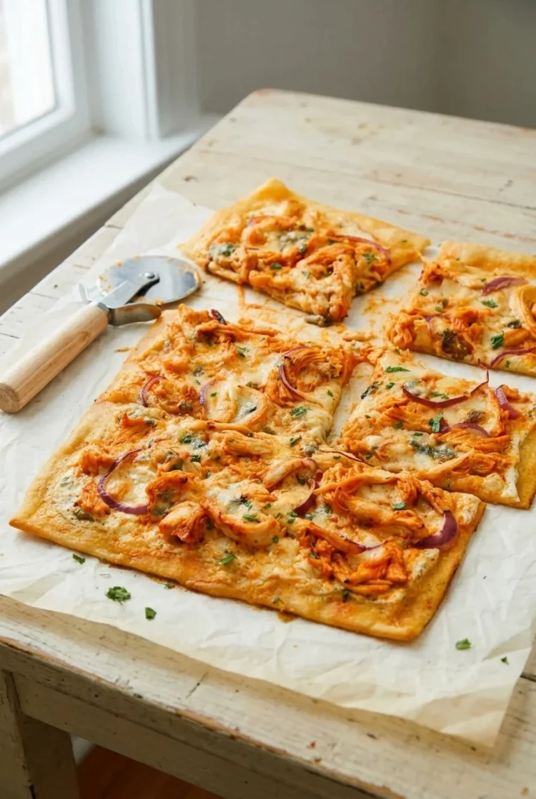 Buffalo Chicken Pizza with a Thin, Crispy Crust Thin rectangular Buffalo chicken pizza with ranch, mozzarella, red onion, blue cheese, and parsley