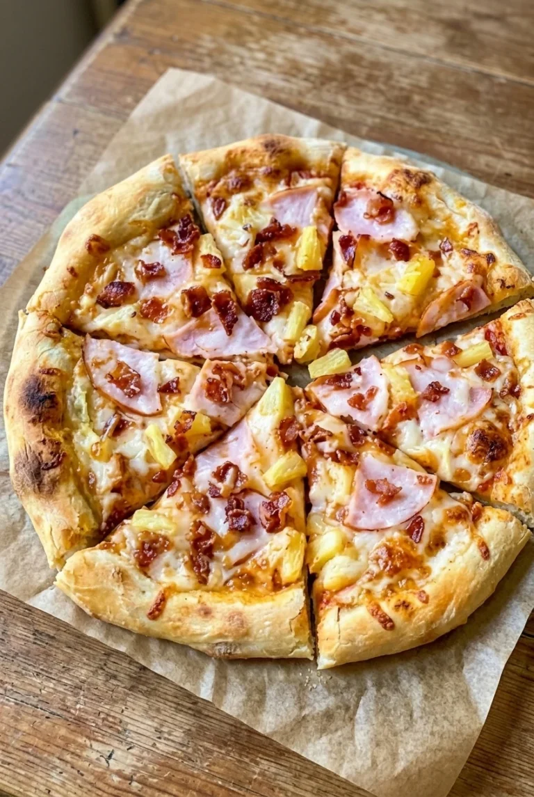 Hawaiian Pizza with Ham and Pineapple Round Hawaiian pizza cut into wedges, topped with melted mozzarella, ham, and pineapple.