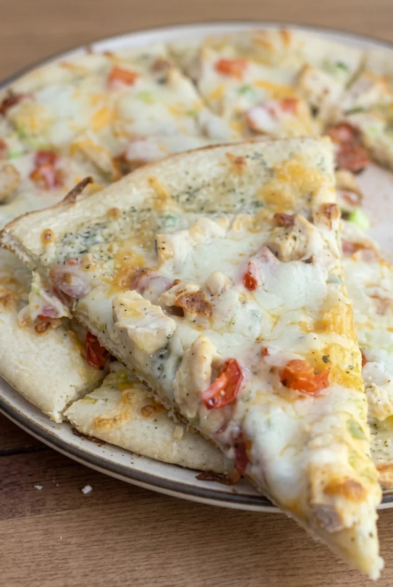 White Garlic Chicken Pizza with Ranch-Garlic Sauce White garlic chicken pizza with a front triangular slice, melted cheese, chicken, diced tomato, and green onion.