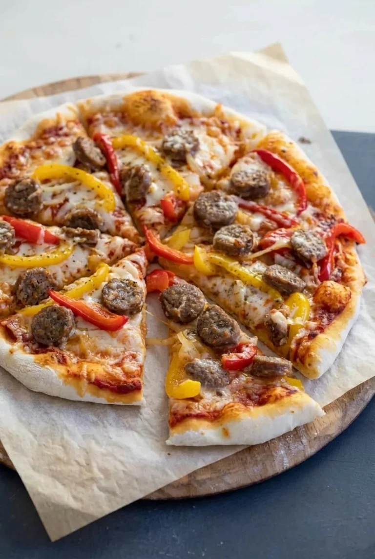 Round Italian sausage and pepper pizza with a puffy golden crust, red and yellow peppers, onion, and a slice pulled forward.
