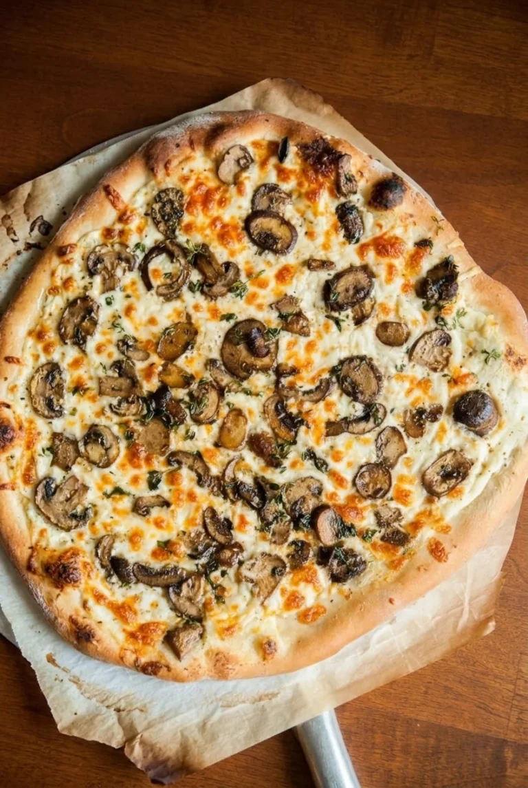 Whole white mushroom pizza with browned mushrooms, melted cheese, thyme, and a puffy golden crust