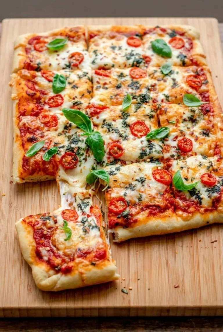 Easy sheet pan pizza cut into squares, topped with mozzarella, cherry tomatoes, and basil, with one piece pulled away.