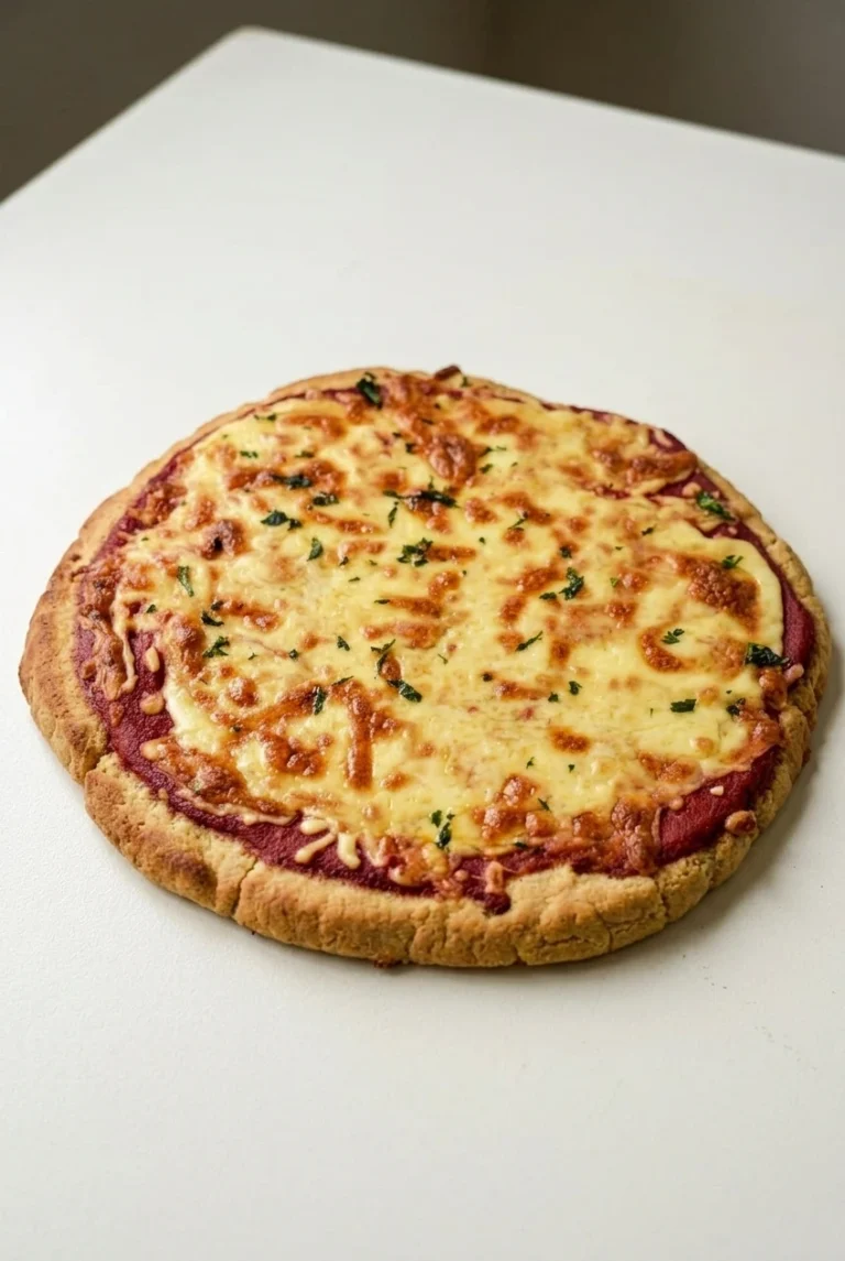 Whole keto pizza with a rustic almond flour crust, browned mozzarella, red sauce, and parsley.
