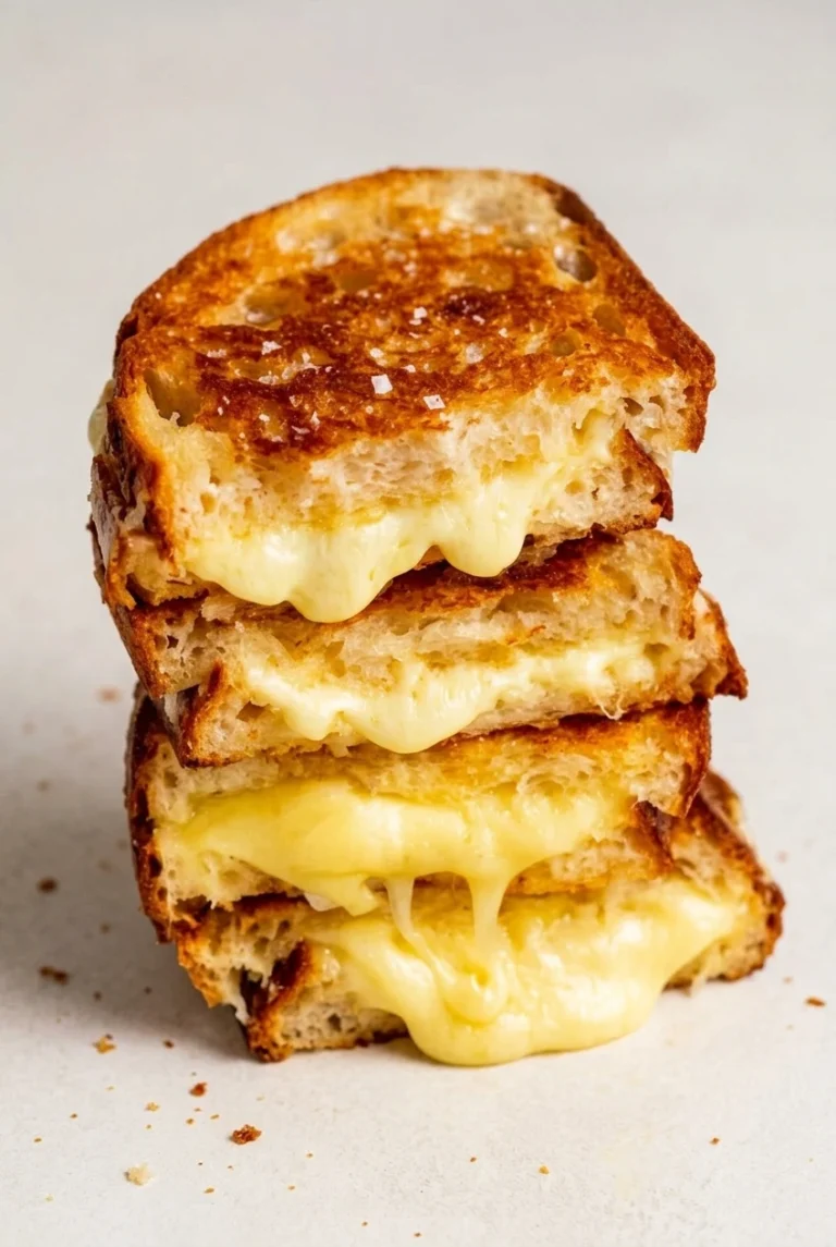 Stacked halves of golden sourdough grilled cheese with melted cheese and flaky salt.