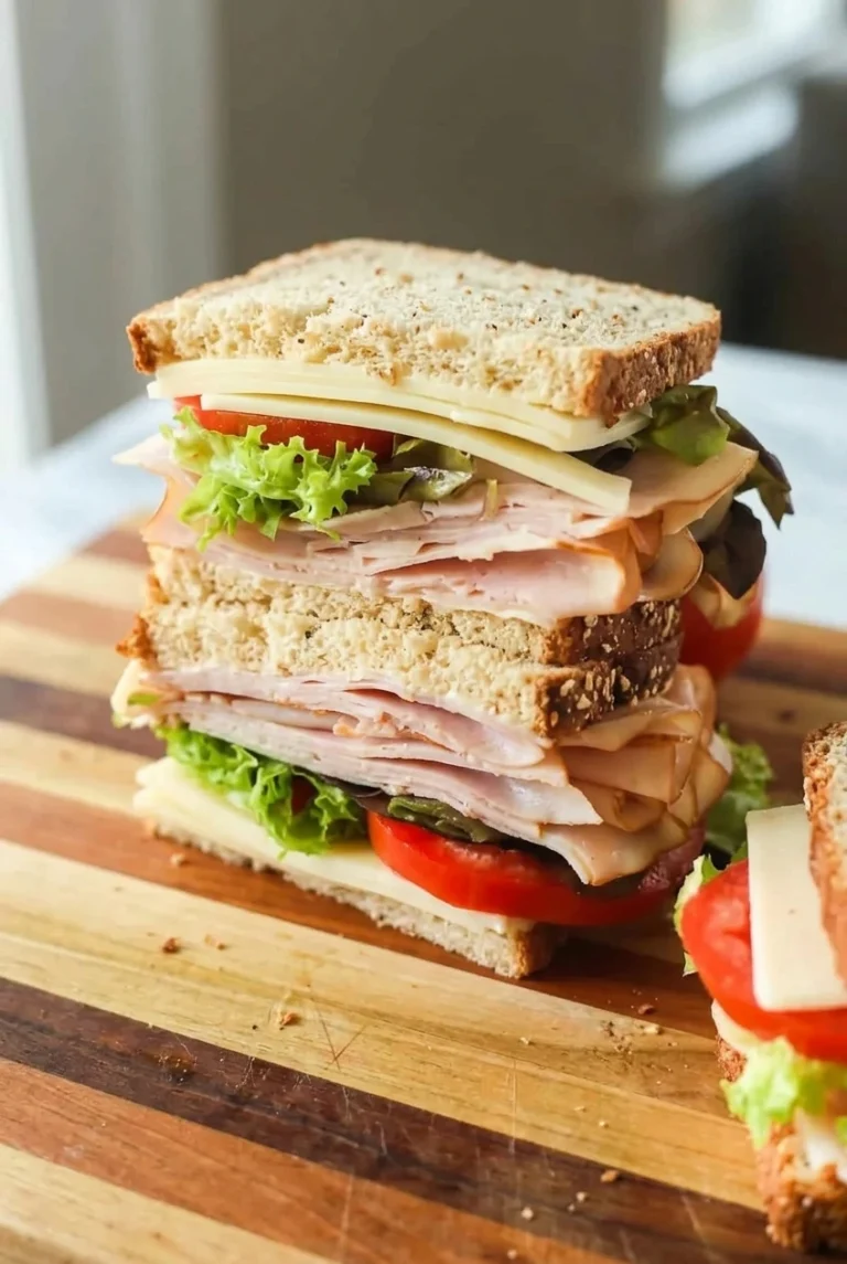 Classic Turkey Sandwich: Easy Double-Decker Recipe Tall double-decker classic turkey sandwich with seeded bread, turkey, cheese, lettuce, tomato, and pickles.