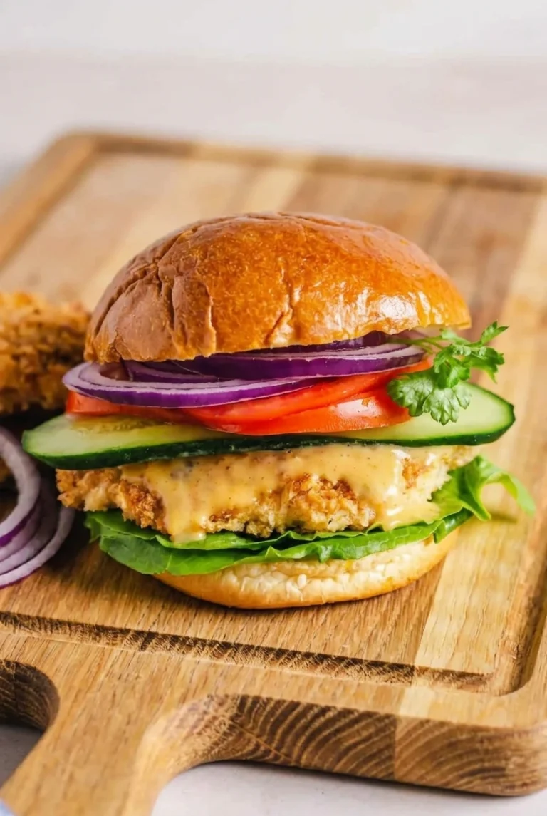 Crispy chicken sandwich on a glossy brioche bun with honey mustard, lettuce, cucumber, tomato, and red onion