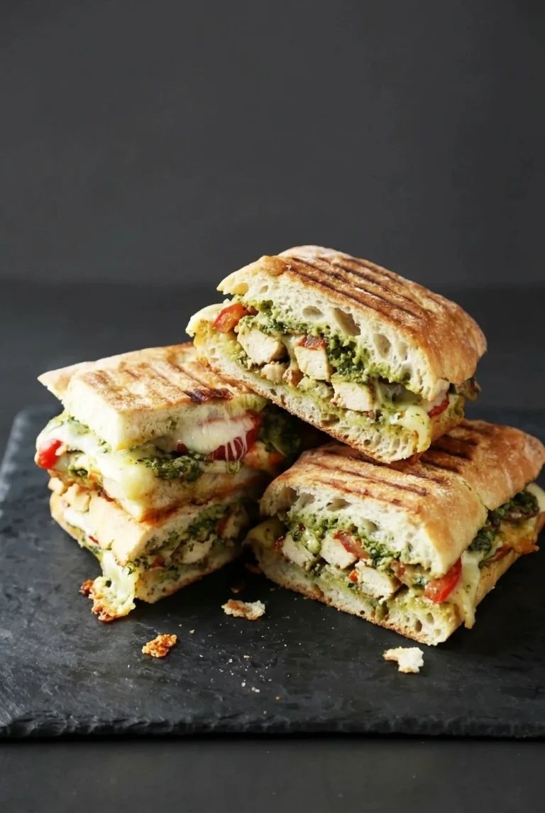 Golden chicken pesto panini on ciabatta, cut and stacked with melted mozzarella and tomato.